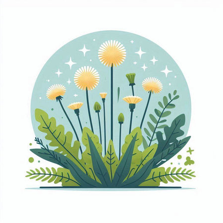 Dandelion flower with leaves. Vector illustration in flat style.のイラスト素材