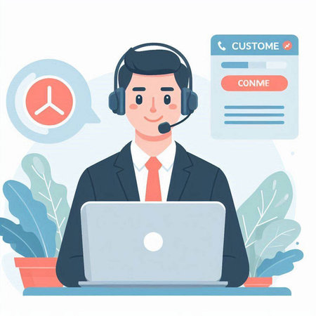 Call center operator with headset and laptop. Flat style vector illustration.のイラスト素材