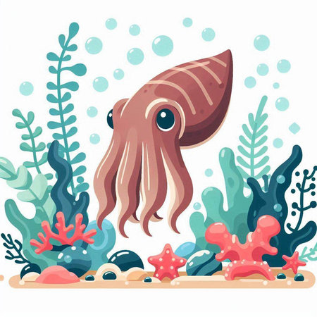 Octopus and corals. Underwater world. Vector illustration.のイラスト素材