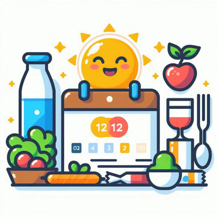 Healthy food concept. Vector flat cartoon illustration of happy smiling sun with healthy food and drink.のイラスト素材