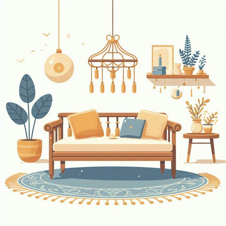 Vector illustration of cozy living room interior with sofa, armchair, lamp and plant.のイラスト素材