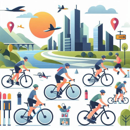 Cyclists on the road in the city. Vector flat illustrationのイラスト素材