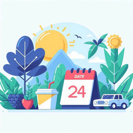 Vector illustration of a flat design of a calendar with a date of the day, a cup of coffee and a car.のイラスト素材