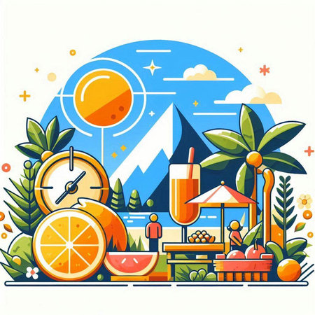 Vector illustration of summer picnic with fruits and ice cream on blue background.のイラスト素材