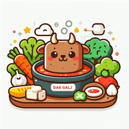 Kawaii kawaii beef soup in bowl with vegetables. Vector illustration.のイラスト素材
