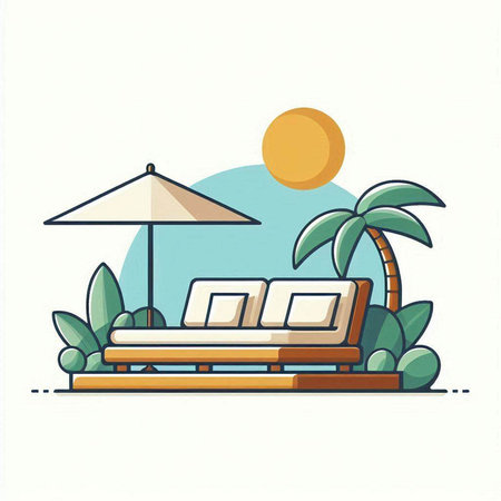 Beach chair with umbrella and palm trees. Flat vector illustration.のイラスト素材
