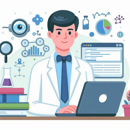 Vector illustration of a male scientist in a lab coat working on a laptopのイラスト素材