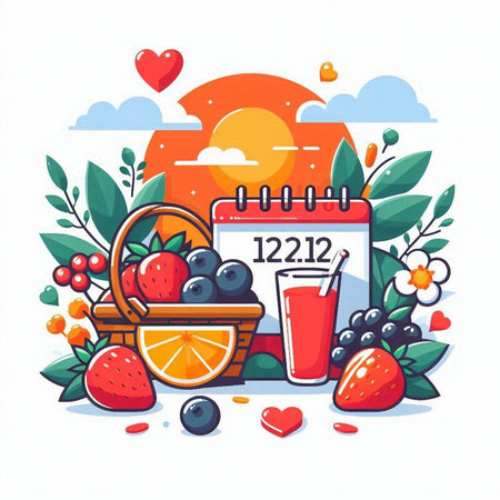 Vector illustration of a summer picnic with a basket of berries, strawberries, blueberries, black currants, orange juice and a calendar.のイラスト素材