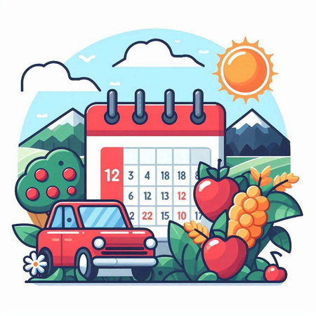 Vector illustration of a summer landscape with a calendar and a car.のイラスト素材
