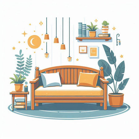 Vector illustration of a cozy room with a sofa, bookshelf, plants and lampsのイラスト素材