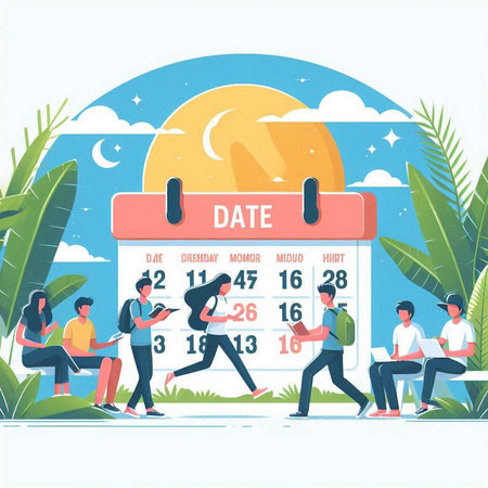 Vector illustration of people working on the calendar. Time management concept.のイラスト素材