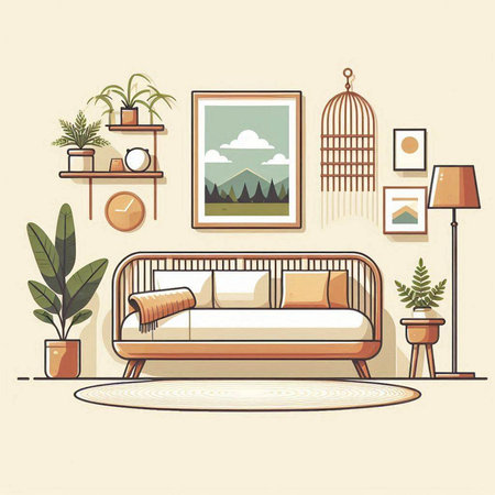 Interior of living room with sofa, lamp and plants. Vector illustrationのイラスト素材