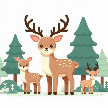 Deer family on the forest background. Cute cartoon vector illustration.のイラスト素材