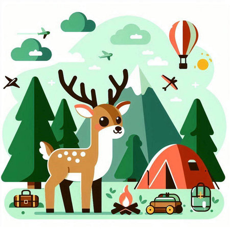 Camping in the woods with a deer and a tent. Vector illustrationのイラスト素材