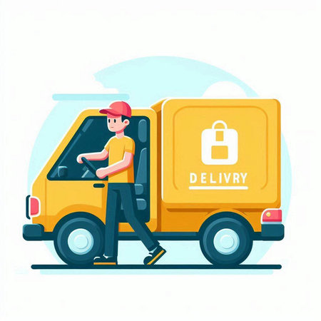 Delivery man with parcel box. Delivery service concept. Vector illustration.のイラスト素材