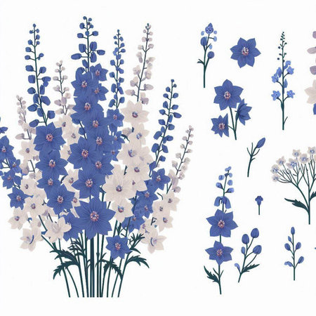 Blue and white delphinium flowers on a white background.のイラスト素材