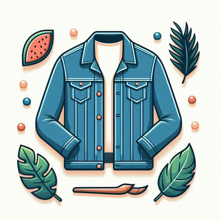 Vector illustration of a denim jacket with a pattern of leaves and berriesのイラスト素材
