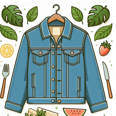 Illustration of a denim jacket with a wooden hanger and fruitsのイラスト素材