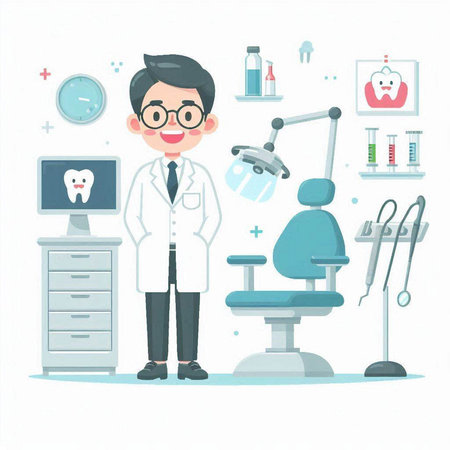 Male dentist standing in the dental office. Vector illustration of a male dentist standing in the dental office.のイラスト素材