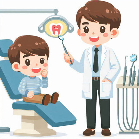 Dentist and patient in dental office. Vector illustration of dentist and patient.のイラスト素材