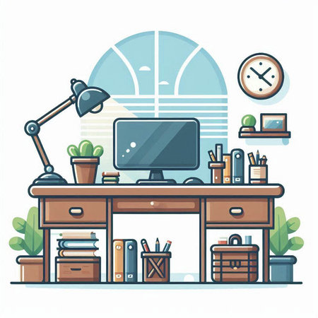 Interior of home office. Workplace in flat style, vector illustrationのイラスト素材