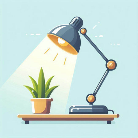 Flat design modern vector illustration of a desk lamp and a plant.のイラスト素材