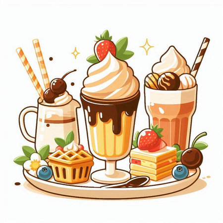 Illustration of milkshakes with whipped cream, strawberries and chocolateのイラスト素材
