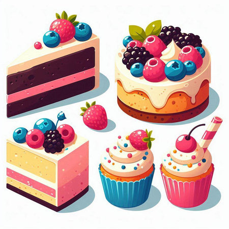Set of different cakes with berries. Vector illustration in cartoon style.のイラスト素材
