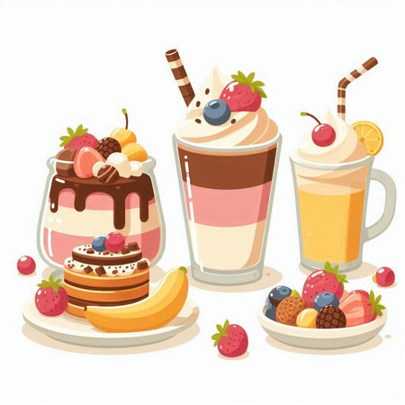 Set of different types of milkshakes with fruits and berries.のイラスト素材