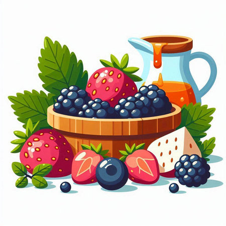 Vector illustration of fresh berries in a wooden bowl with a jug of juice.のイラスト素材