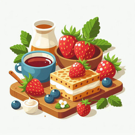 Breakfast with waffles, honey and strawberries, vector illustration.のイラスト素材