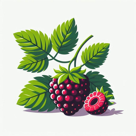 Raspberry vector illustration. Fresh berry with leaves isolated on white background.のイラスト素材