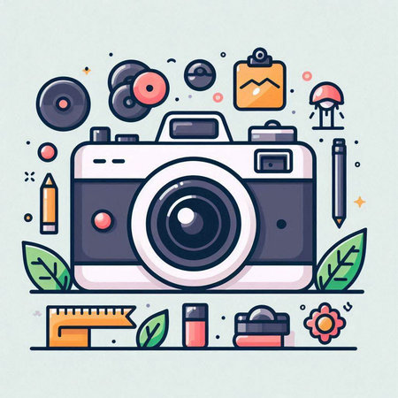 Flat line art vector illustration of a camera and a set of iconsのイラスト素材