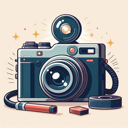 Retro camera with lens and flash. Vector illustration in retro style.のイラスト素材