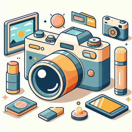 Vector illustration of a set of icons of a camera and other thingsのイラスト素材