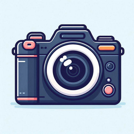 Retro camera icon in cartoon style on blue background. Vector illustration.のイラスト素材