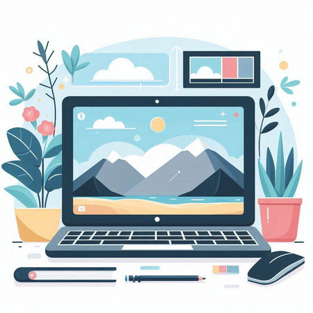 Laptop computer with image of mountains on screen. Flat style vector illustration.のイラスト素材