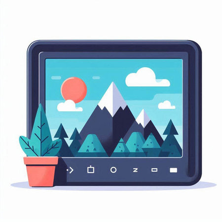 Tablet computer with mountains on screen. Vector illustration in flat styleのイラスト素材