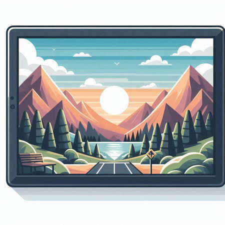 Vector illustration of a tablet with a view of the mountains and the roadのイラスト素材