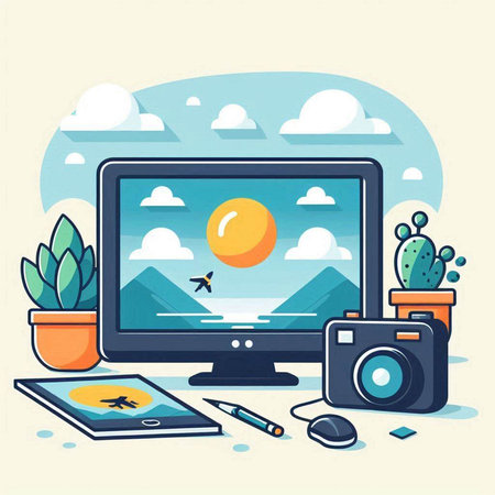 Vector illustration of a flat design of a desktop with a computer, a camera, a cactus, a stylus and a stylus.のイラスト素材