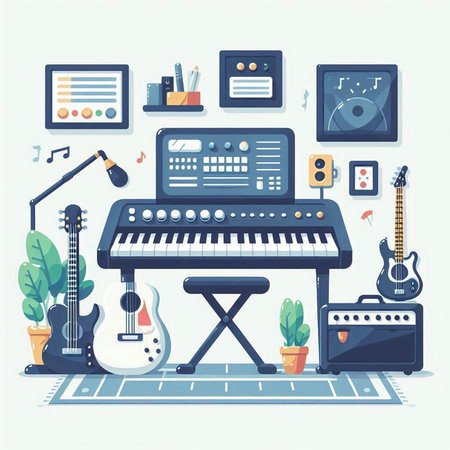 Music instruments and equipment. Vector illustration in flat style. Music concept.のイラスト素材
