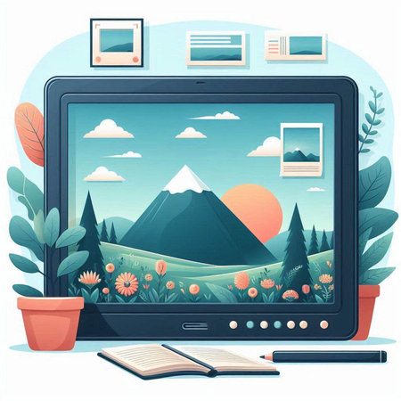 Vector illustration of a tablet computer with a picture of a mountain and a flower in a potのイラスト素材
