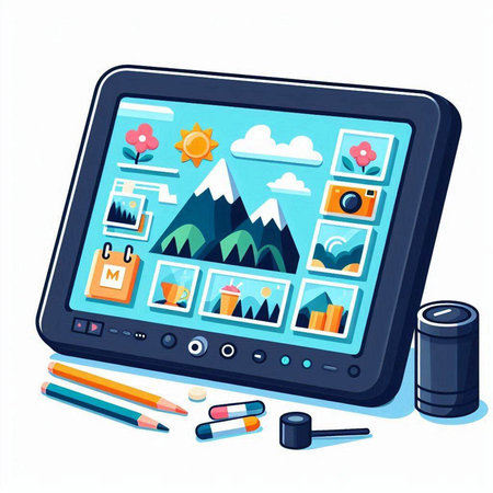 Tablet computer with a picture on the screen. Vector illustration.のイラスト素材
