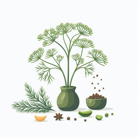 Dill and spices. Vector illustration of herbs in a pot.のイラスト素材