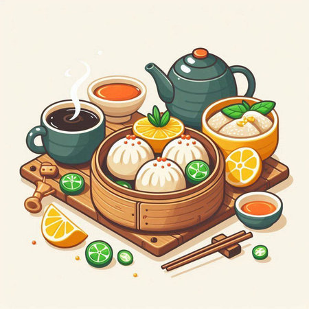 Vector illustration of Chinese dim sum in wooden bowl with teapot and cup of tea.のイラスト素材