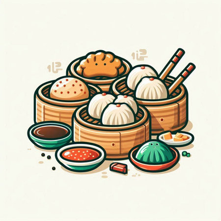 Chinese dim sum in bamboo steamer, vector illustration. Chinese cuisine.のイラスト素材
