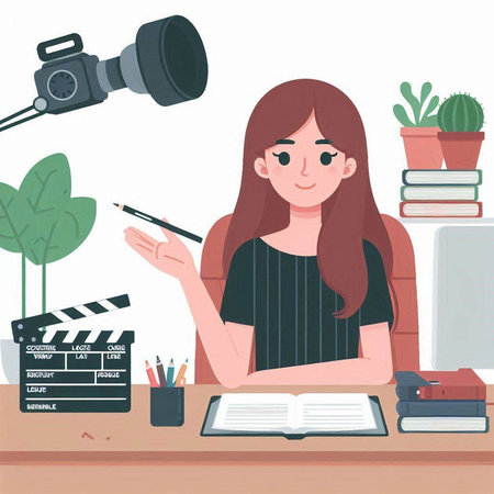 Cinema concept. Young woman sitting at the table in front of the camera. Vector illustration.のイラスト素材