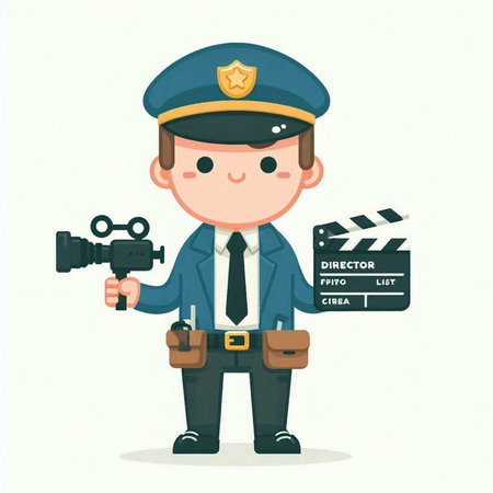 Policeman with movie clapper. Vector illustration in cartoon styleのイラスト素材