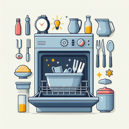 Kitchen utensils and dishwasher. Vector illustration in flat styleのイラスト素材