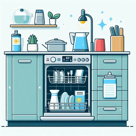 Kitchen interior with dishwasher and utensils. Vector illustration.のイラスト素材